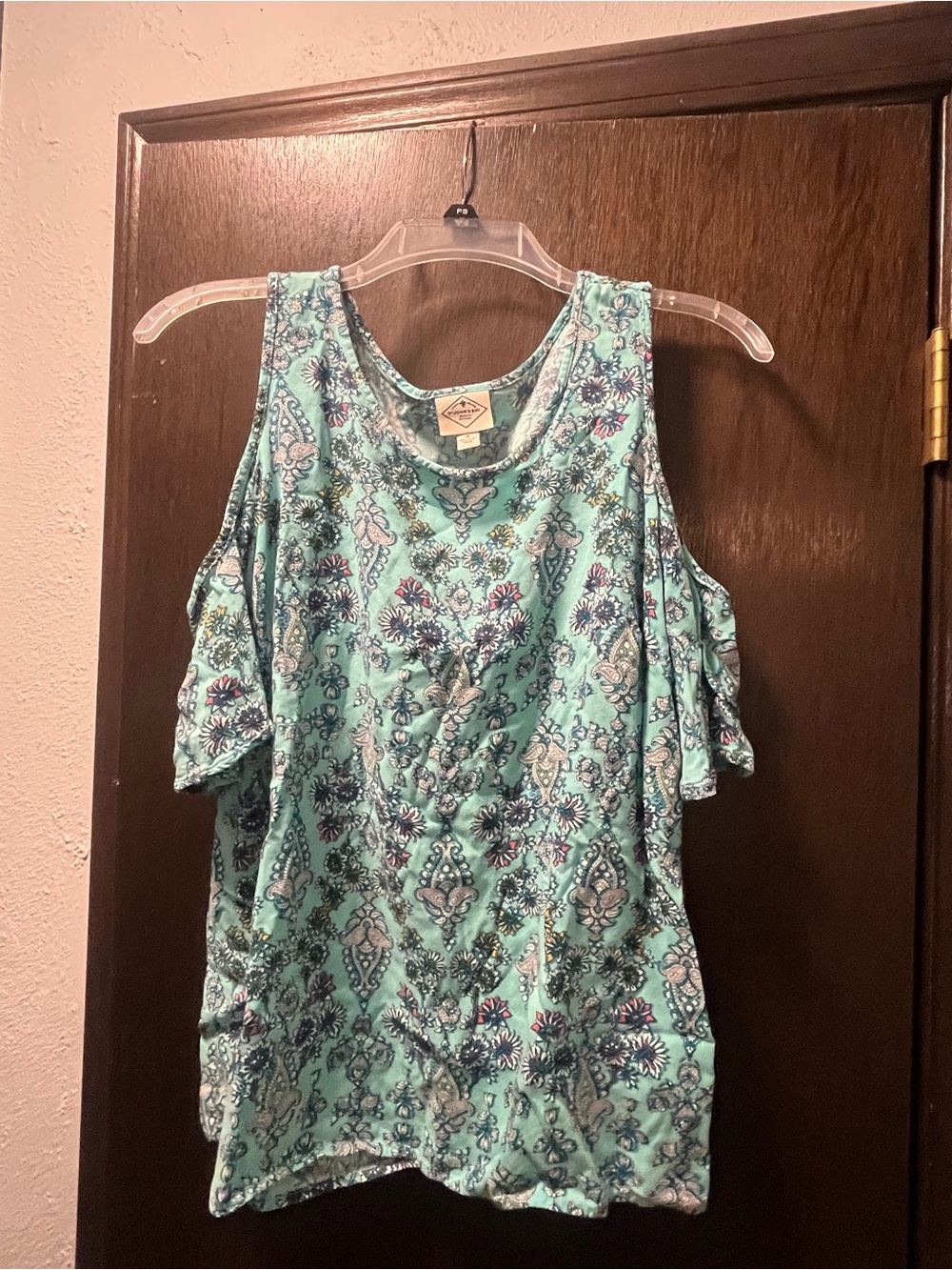 St. John's Bay Mint Green Cold-Shoulder Printed Blouse